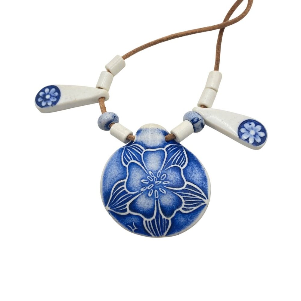 Blue White Ceramic Floral Pendant Necklace Adj Brown Suede Cord 24" Cottagecore - Picture 3 of 6